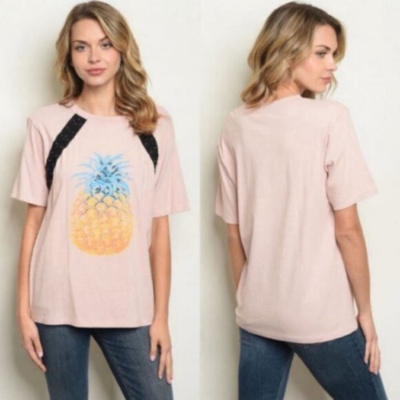 3/$15 Short Sleeve Lace Up Detail Pineapple Print Top - Picture 1 of 6